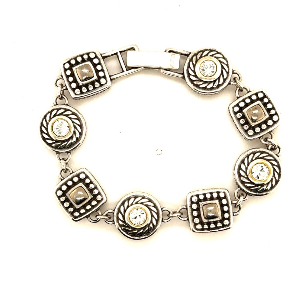 Brighton Two Tone Crystal Geometric Link Bracelet Silver Gold Heart 7.5 Inch